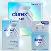 Three boxes of Durex Air Transparent Condoms are showcased in different sizes against a light backdrop. The packaging highlights a silver, blue, and white color scheme, emphasizing the "Regular Fit" and promoting them as the thinnest condoms with reliable and durable "5x Tested" assurance.
